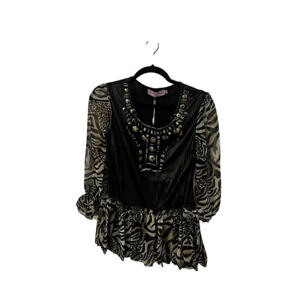 NWT Pretty Angel zebra & black top w sheer sleeves dressy beaded size M - Picture 1 of 11